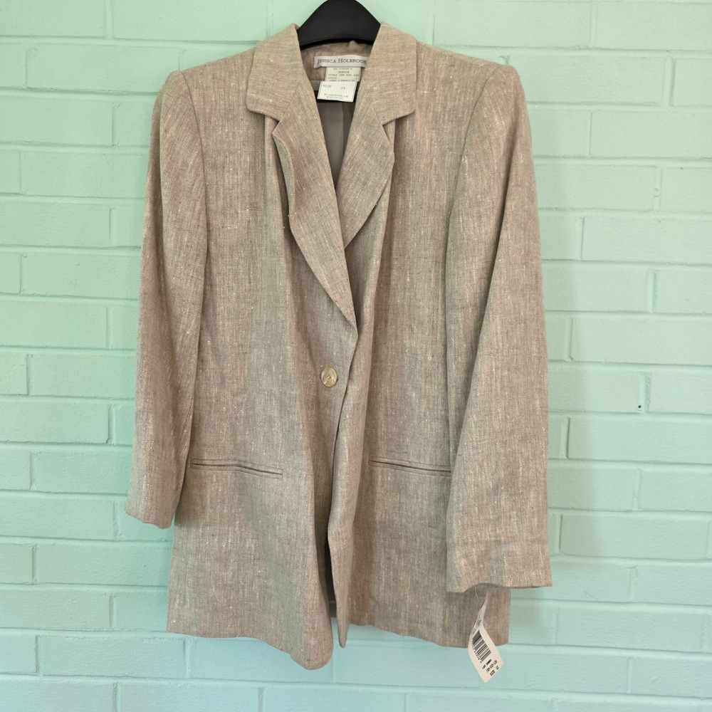 Vtg NWT Jessica Holbrook 100% Linen Blazer Beige Single Button blazer Jacket 12